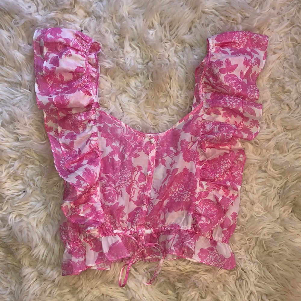 LoveShackFancy Pink Floral Ruffle Crop Top